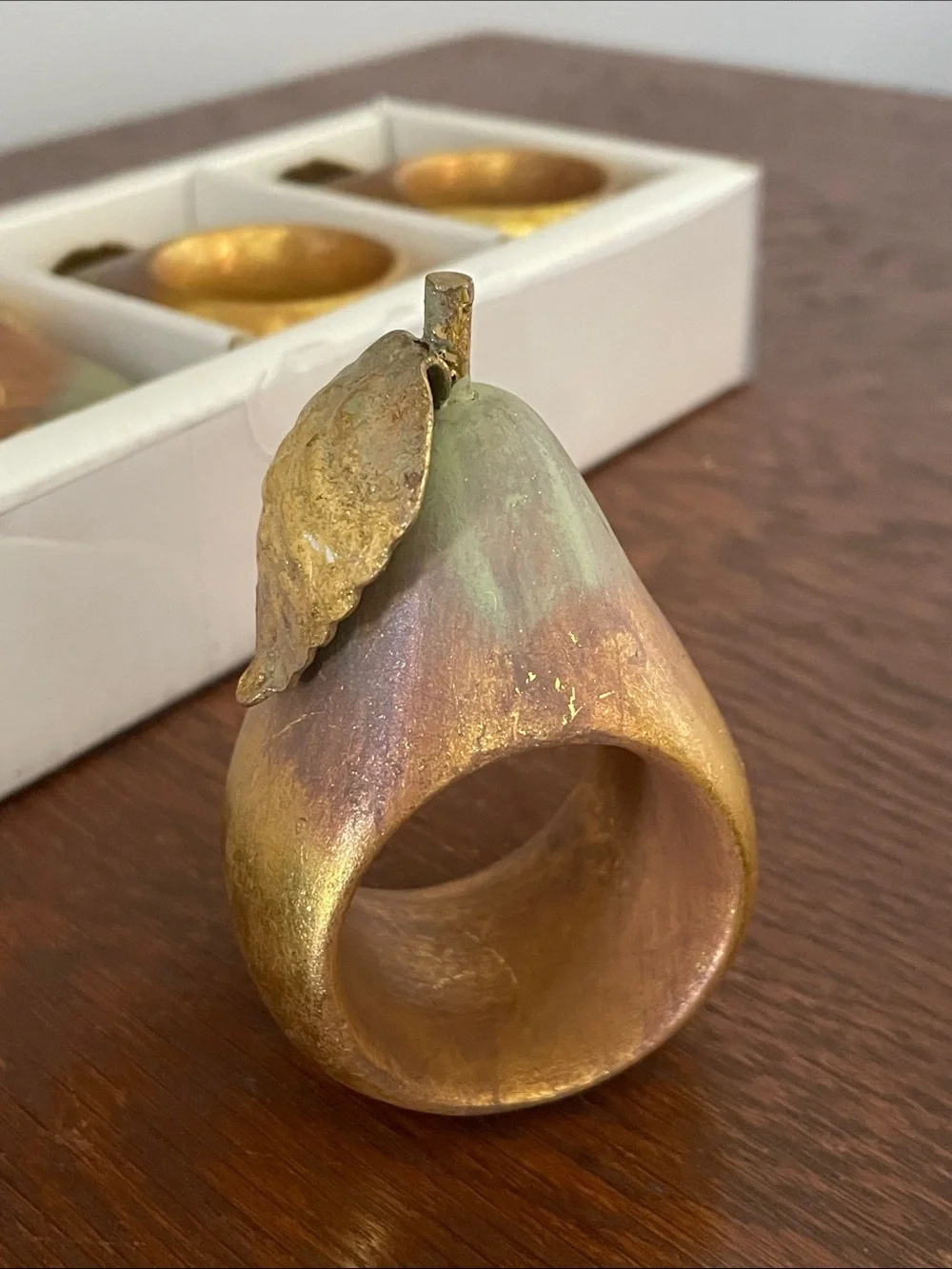 Gold and Green Pear Napkin Rings like new set of 6